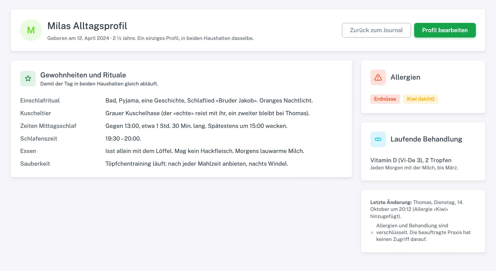 Entwurf des Alltagsblatts des Kindes: Einschlafritual, Nuscheli, Schlafenszeiten, Allergien und laufende Behandlung.