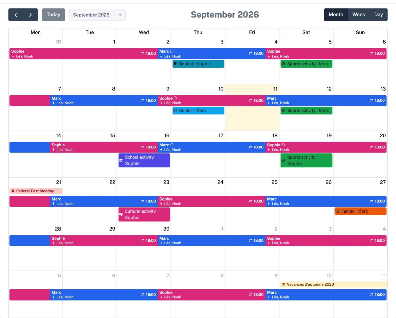 Month view of the custody calendar: 2-2-3 cycle coloured by parent, handover at 18:00, appointments, public holiday and school holidays.