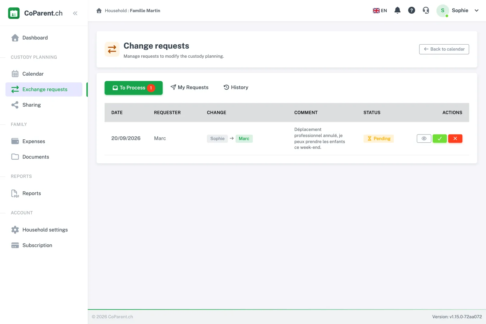 Swap requests: a pending request with its date, requester, proposed change, reason and approve or decline actions.