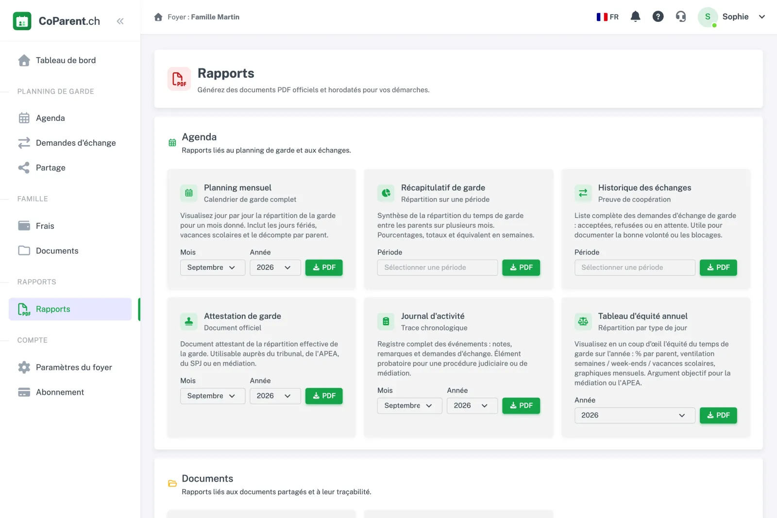 Rapports PDF : planning mensuel, récapitulatif de garde, historique des échanges, attestation de garde, journal d’activité et tableau d’équité annuel.