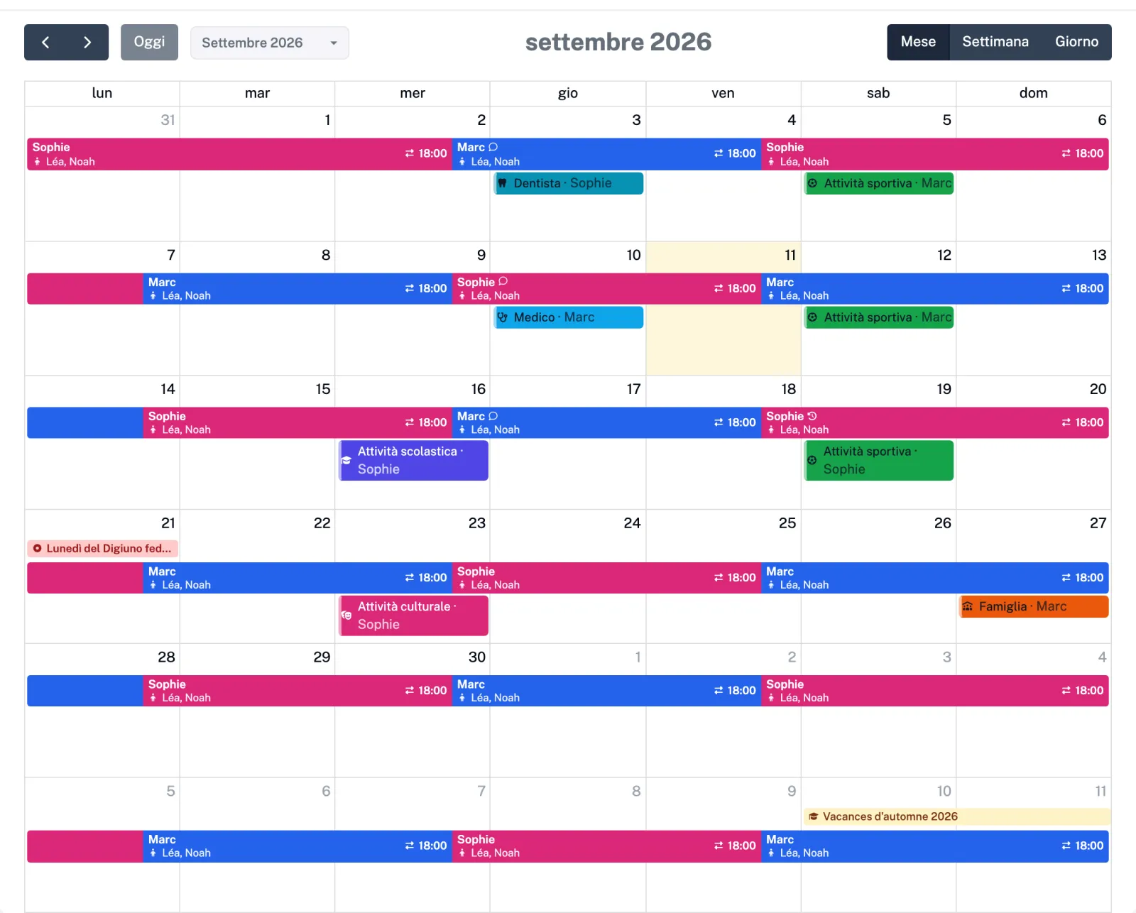 Vista mensile del calendario della custodia: ciclo 2-2-3 colorato per genitore, consegna alle 18:00, appuntamenti, festivo e vacanze scolastiche.