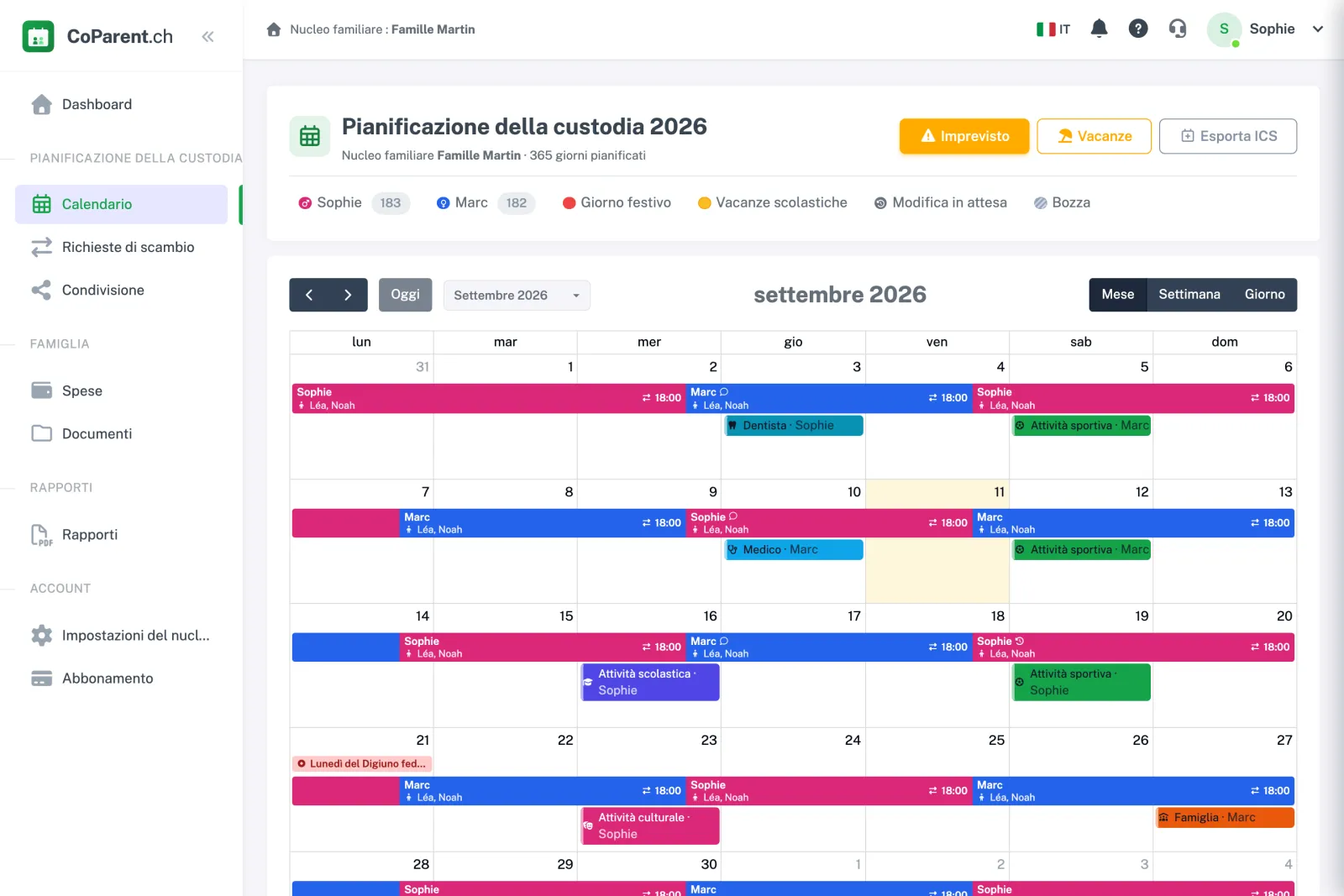 Calendario della custodia CoParent: vista mensile con i giorni di ciascun genitore colorati, gli appuntamenti e i due figli.