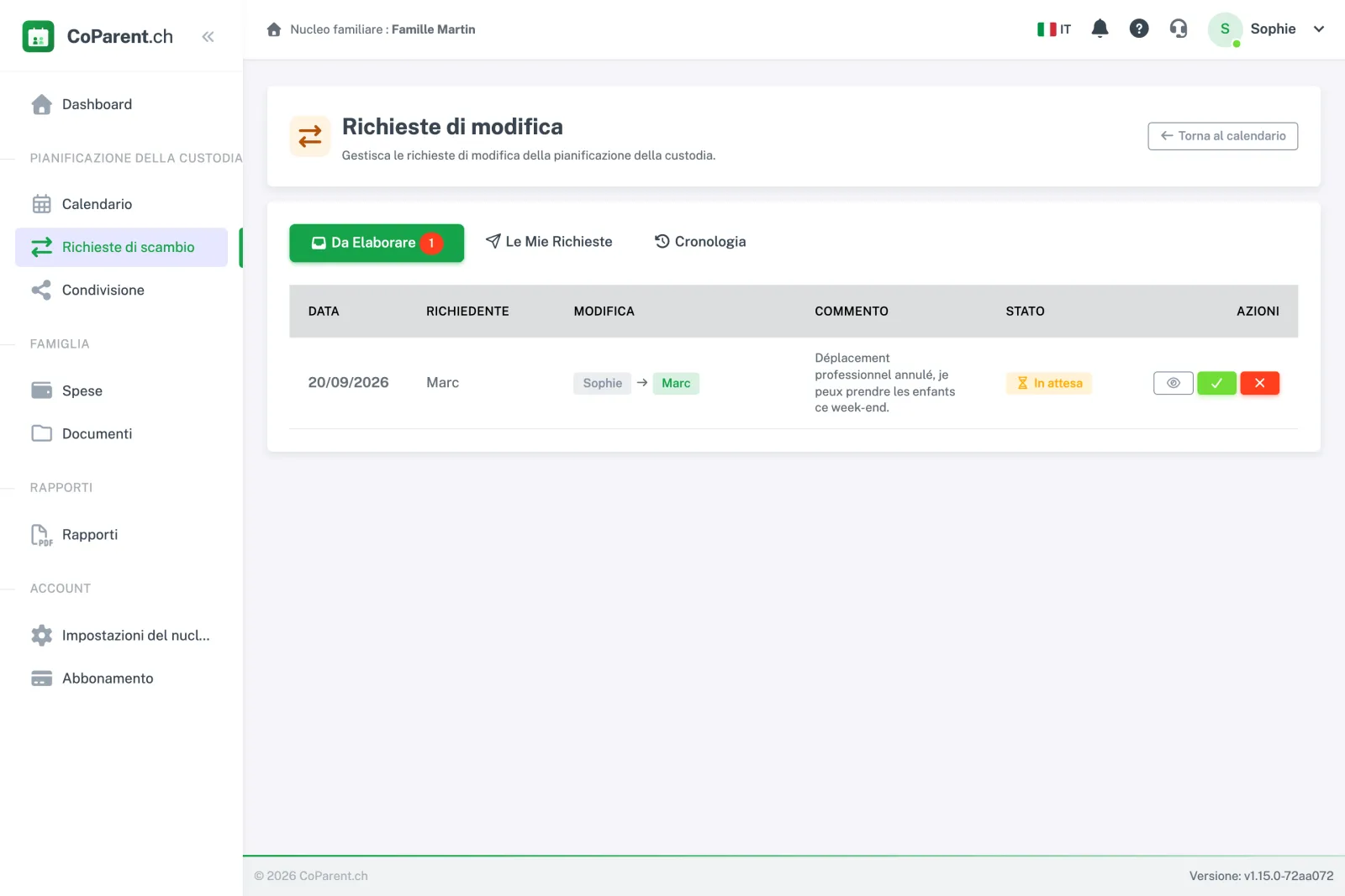 Richieste di scambio: una richiesta in attesa con data, richiedente, cambiamento proposto, motivo e azioni accetta o rifiuta.
