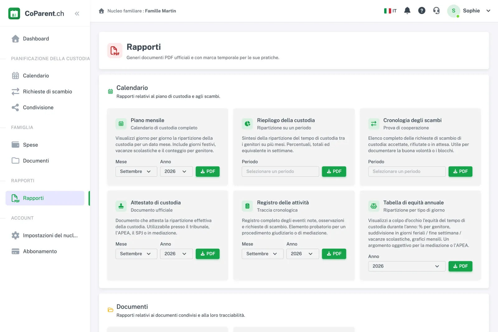 Rapporti PDF: calendario mensile, riepilogo della custodia, cronologia degli scambi, attestazione di custodia, registro attività e tabella annuale di equità.